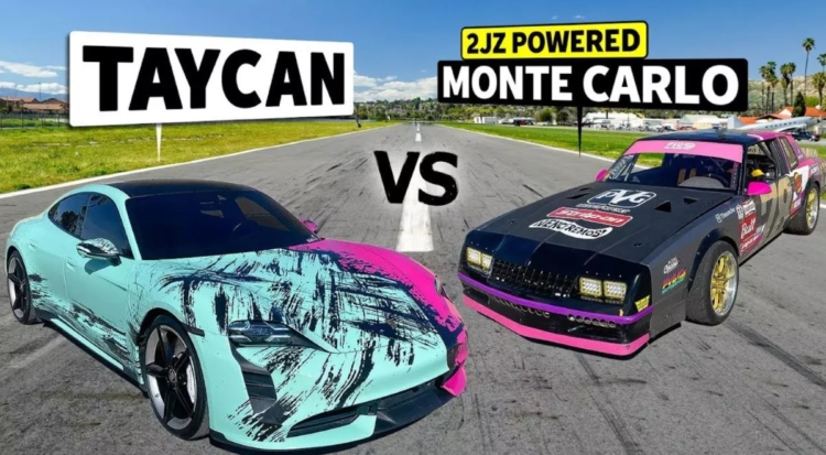 Электрокар Porsche Taycan сразился в гонке со старым Chevrolet Monte Carlo
